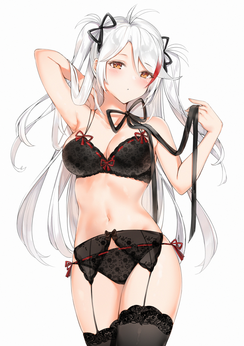 1girls absurd_res absurdres antenna_hair arm_behind_head arm_up armpits azur_lane bangs bare_shoulders black_bra black_legwear black_panties black_ribbon blush bow bra breasts cleavage female female_only garter_belt garter_straps hairbow highres huge_filesize iron_blood_(azur_lane) large_breasts long_hair looking_at_viewer multicolored_hair navel orange_eyes panties prinz_eugen_(azur_lane) ribbon silver_hair simple_background solo streaked_hair swept_bangs thighhighs two_side_up underwear white_background yukineko1018