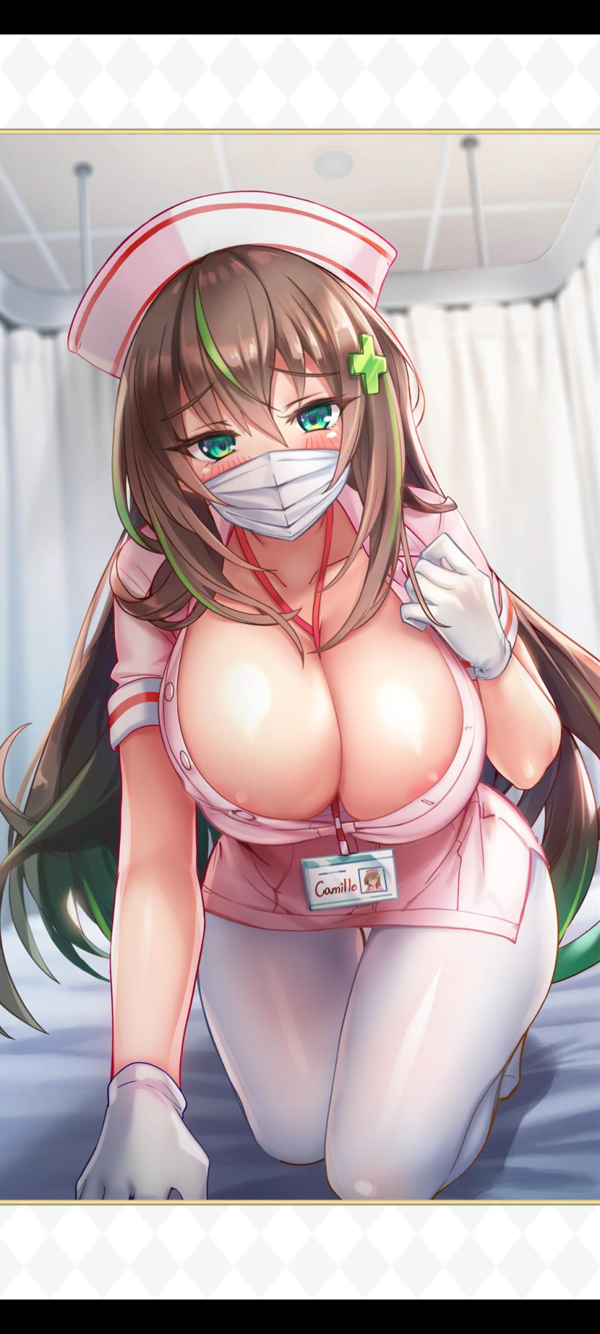 1girls big_breasts camile_(project_qt) camille_(project_qt) cleavage facemask game_cg hospital hospital_bed hospital_room huge_breasts id_card kneeling large_breasts name_tag non-web_source nurse nurse_cap nurse_uniform nutaku official_art partially_open_shirt patient privacy_curtain project_qt tagme