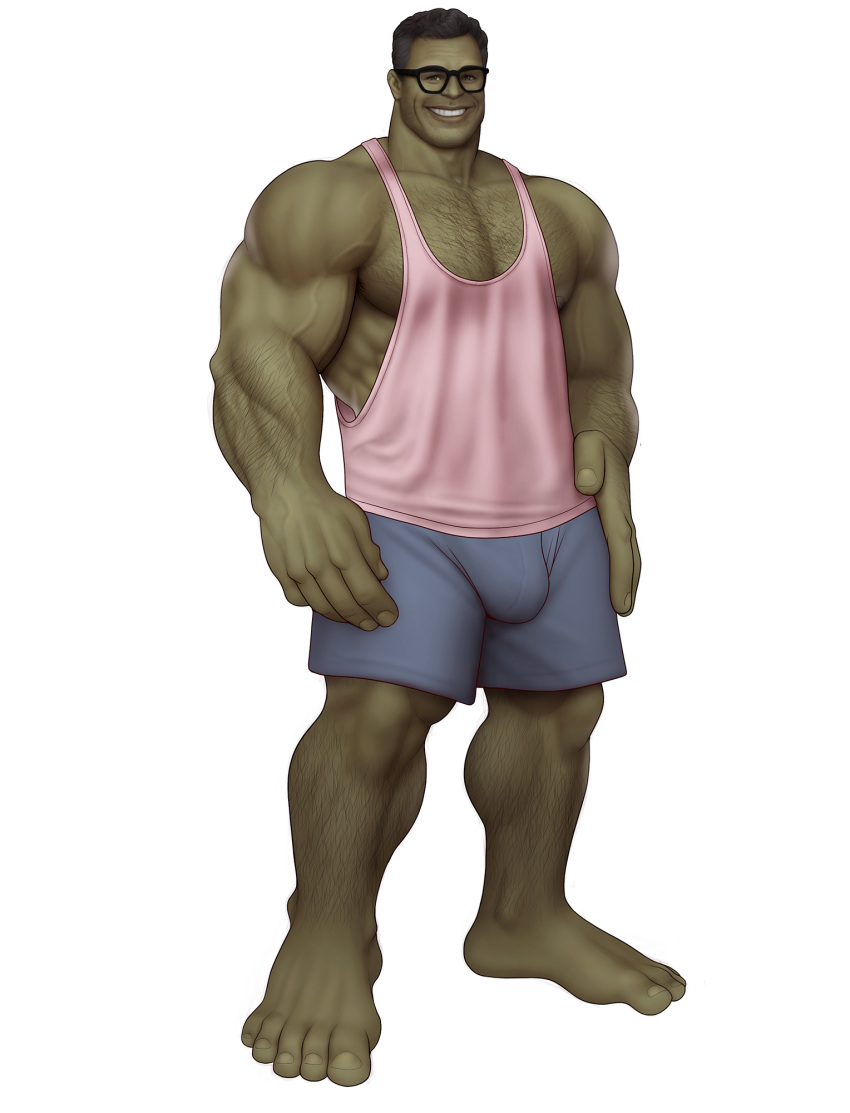 1boy bulge clothed drawnpr0n green-skinned_male green_skin hairy_chest hulk hulk_(series) looking_at_viewer male male_only marvel marvel_cinematic_universe marvel_comics mature mature_male muscular muscular_male professor_hulk solo solo_male superhero