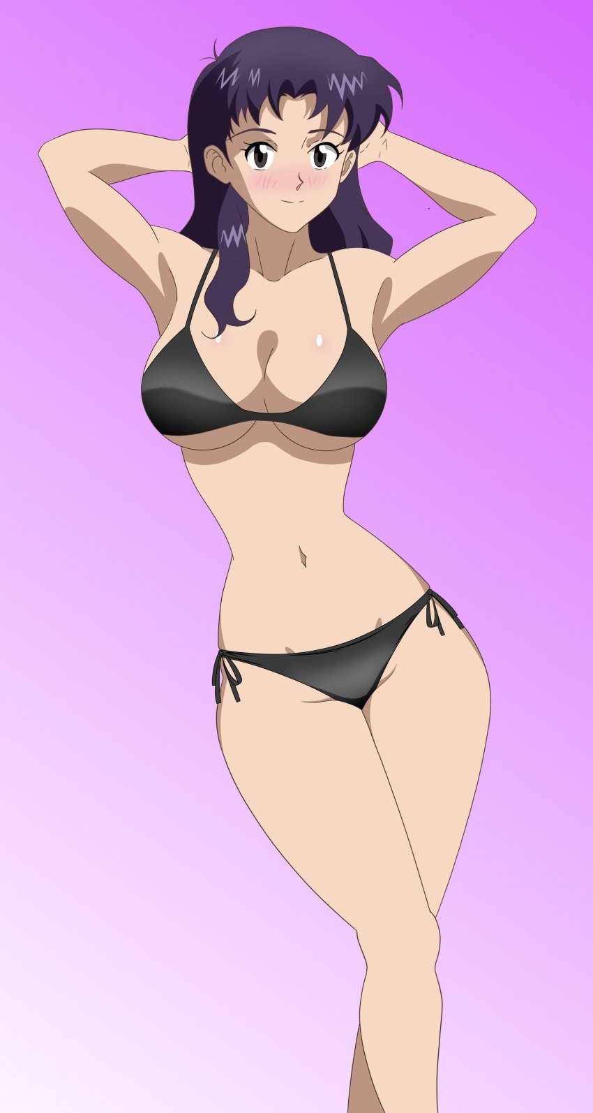 1girls armpits arms_behind_head big_breasts breasts busty cleavage female female_only large_breasts legs mature mature_female mature_woman mentaloso misato_katsuragi navel neon_genesis_evangelion pose posing purple_hair sexy_armpits solo swimsuit thighs