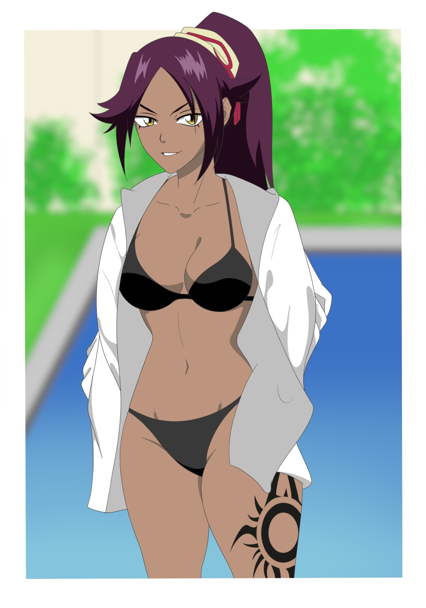 bleach breasts female female_only looking_at_viewer mentaloso shihouin_yoruichi solo swimsuit tagme