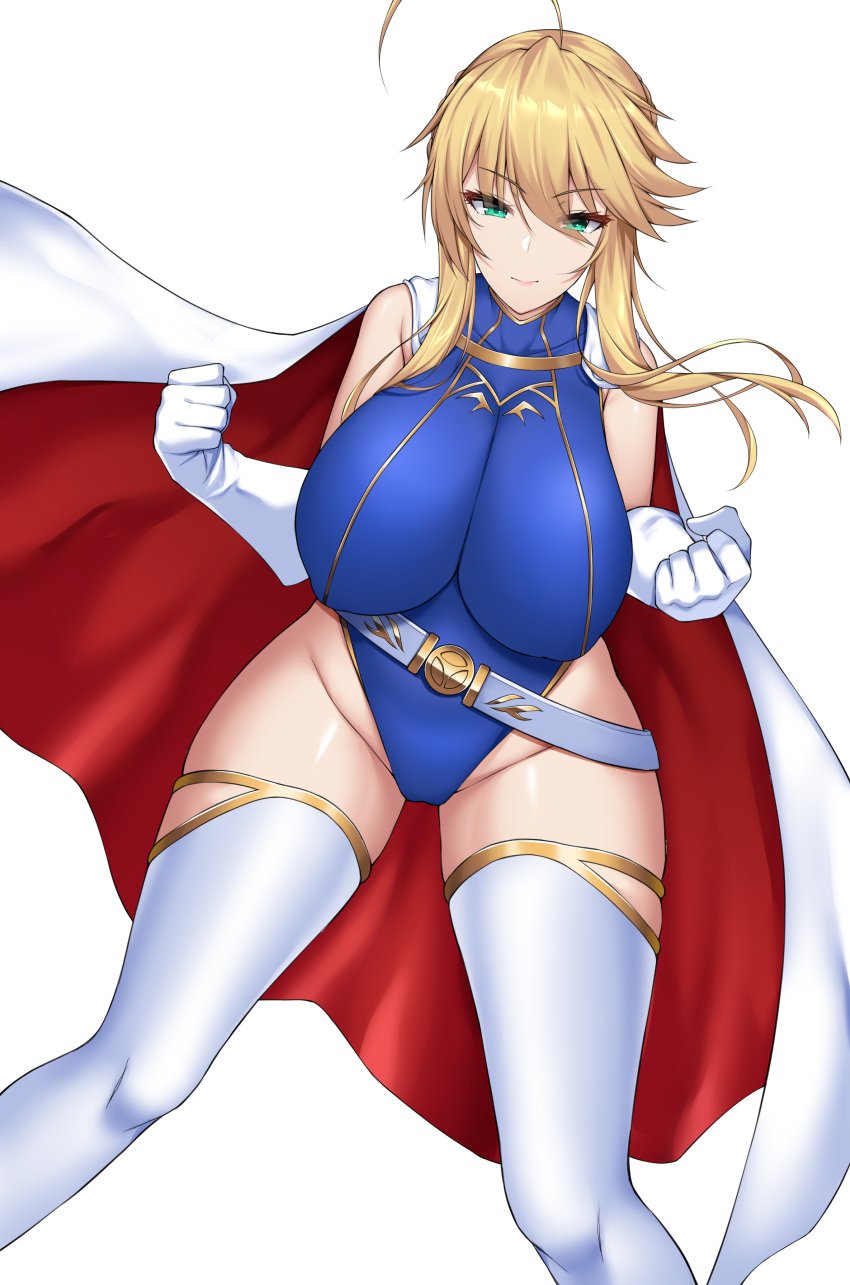 1girls artoria_pendragon artoria_pendragon_(lancer) big_breasts big_thighs blonde_hair breasts busty fate/grand_order fate_(series) female huge_breasts huge_thighs large_breasts large_thighs nekosama_shugyouchuu superhero thick_thighs thighs turquoise_eyes voluptuous white_background