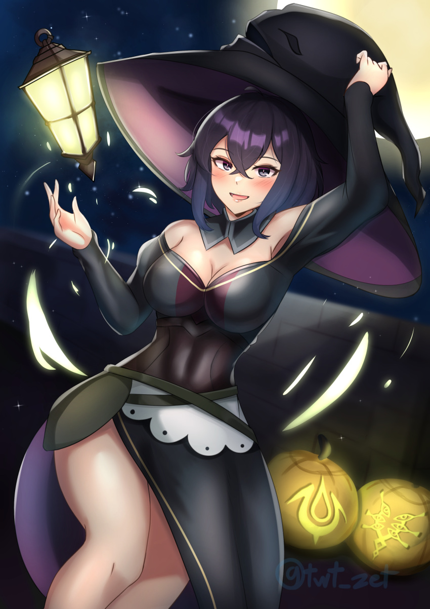 1girls :d alternate_costume apron bare_shoulders bare_thighs black_dress black_eyes black_hair black_headwear blush breasts cleavage crest_(fe3h) dress female female_only fire_emblem fire_emblem_awakening halloween halloween_costume hat highres lantern large_breasts levitation long_sleeves looking_at_viewer medium_breasts medium_hair morgan_(fire_emblem) morgan_(fire_emblem)_(female) night nintendo open_mouth pumpkin purple_eyes purple_hair short_hair smile solo thighs twitter_username waist_apron witch witch_hat zet_(twt_zet)