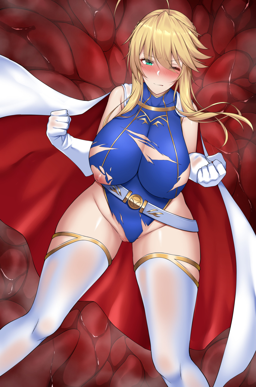 1girls 1monster areolae artoria_pendragon artoria_pendragon_(lancer) big_breasts big_thighs blonde_hair bondage breasts busty fate/grand_order fate_(series) female huge_breasts huge_thighs inverted_nipples large_breasts large_thighs monster nekosama_shugyouchuu one_eye_closed superhero tentacle tentacle_monster thick_thighs thighs torn_clothes turquoise_eyes voluptuous