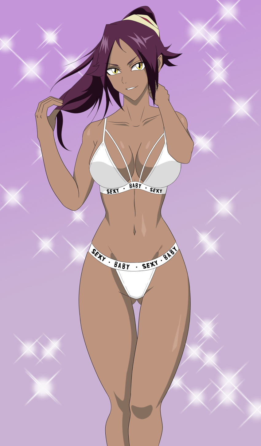 bleach bra breasts female female_only looking_at_viewer mentaloso panties shihouin_yoruichi solo tagme