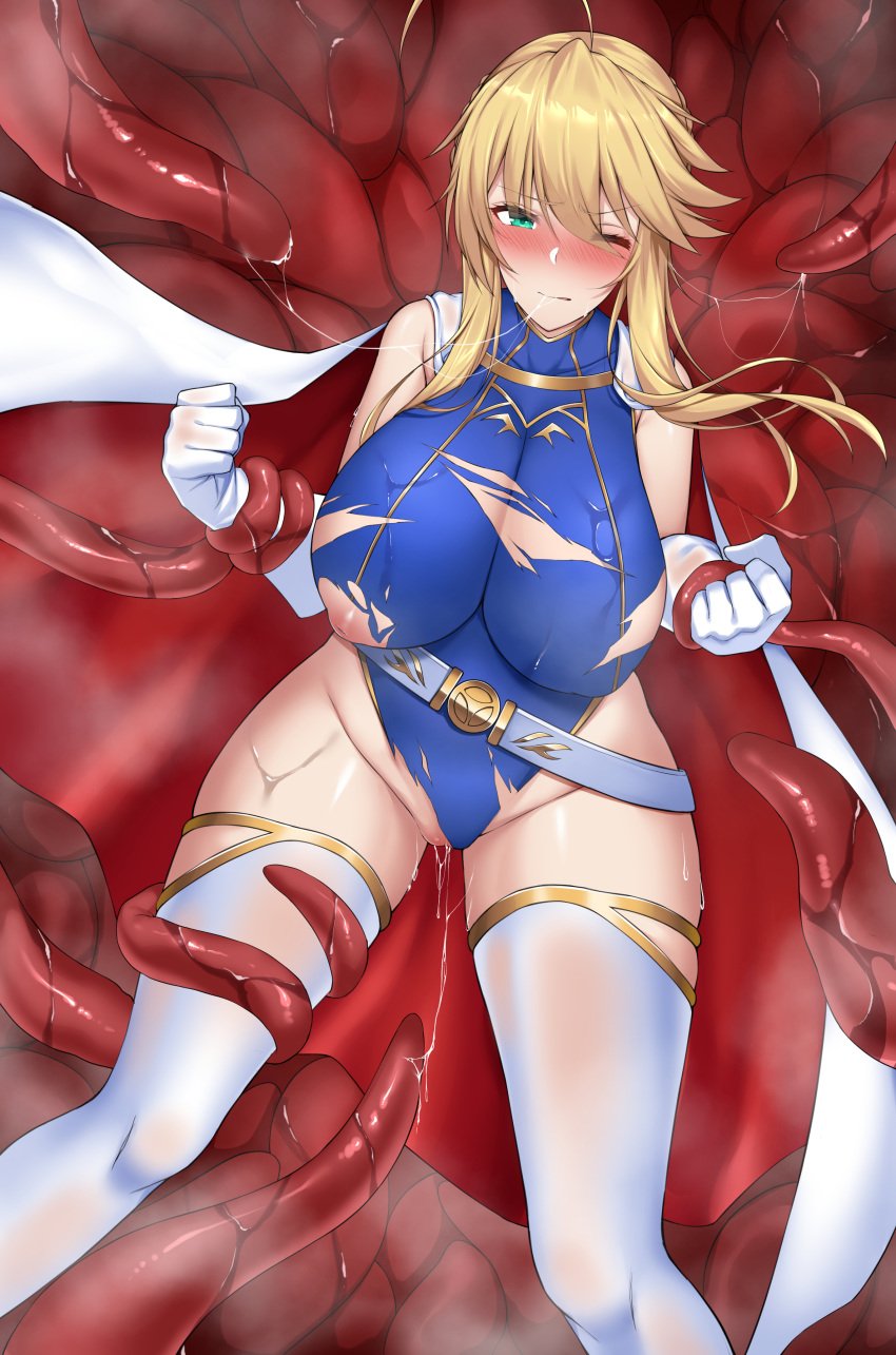 1girls 1monster areolae artoria_pendragon artoria_pendragon_(lancer) big_breasts big_thighs blonde_hair breasts busty fate/grand_order fate_(series) female huge_breasts huge_thighs inverted_nipples large_breasts large_thighs monster nekosama_shugyouchuu one_eye_closed pussy_juice pussy_juice_string saliva saliva_string superhero tentacle tentacle_monster thick_thighs thighs torn_clothes turquoise_eyes voluptuous