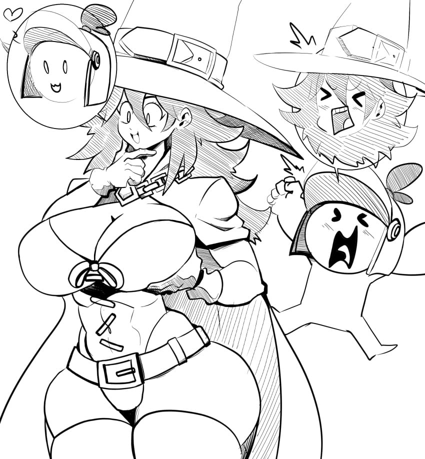 1boy1girl angry_face body_swap bodyswap corset groping_breast groping_breasts height_difference huge_hips jumping long_hair looking_at_breasts looking_at_self monochrome onat onatart witch_hat worried_expression