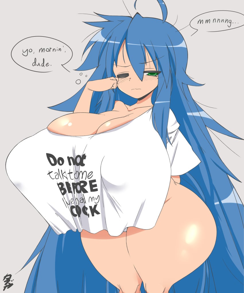 1girls ahoge alternate_breast_size big_breasts bimbo blue_hair breasts drowsy english_text female gigantic_breasts green_eyes hips huge_breasts hyper_breasts kazuya_zoey konata_izumi large_breasts light-skinned_female light_skin long_hair lucky_star massive_breasts messy_hair rubbing_eyes shirt short_stack shortstack sleepy speech_bubble t-shirt t-shirt_only text text_on_clothing thick_thighs thighs thunder_thighs waking_up wide_hips