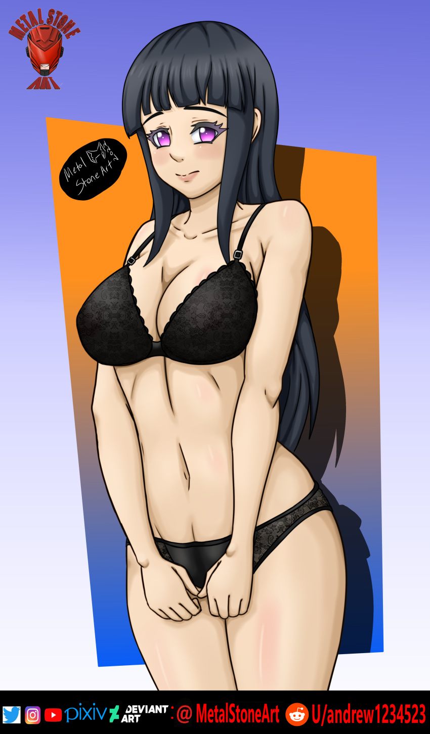 1girls alternate_version_available bare_thighs big_breasts black_bra black_panties black_underwear blue_hair blush bra busty cleavage eyelashes female female_focus female_only hi_res high_resolution highres hyuuga_hinata large_breasts legs legs_together light-skinned_male light_skin lingerie lips lipstick long_hair looking_at_viewer makeup metalstoneart naruto naruto:_the_last naruto_(series) naruto_shippuden panties pink_lips pink_lipstick pinup pose posing purple_eyes shounen_jump solo solo_female solo_focus standing thick_thighs thighs underwear