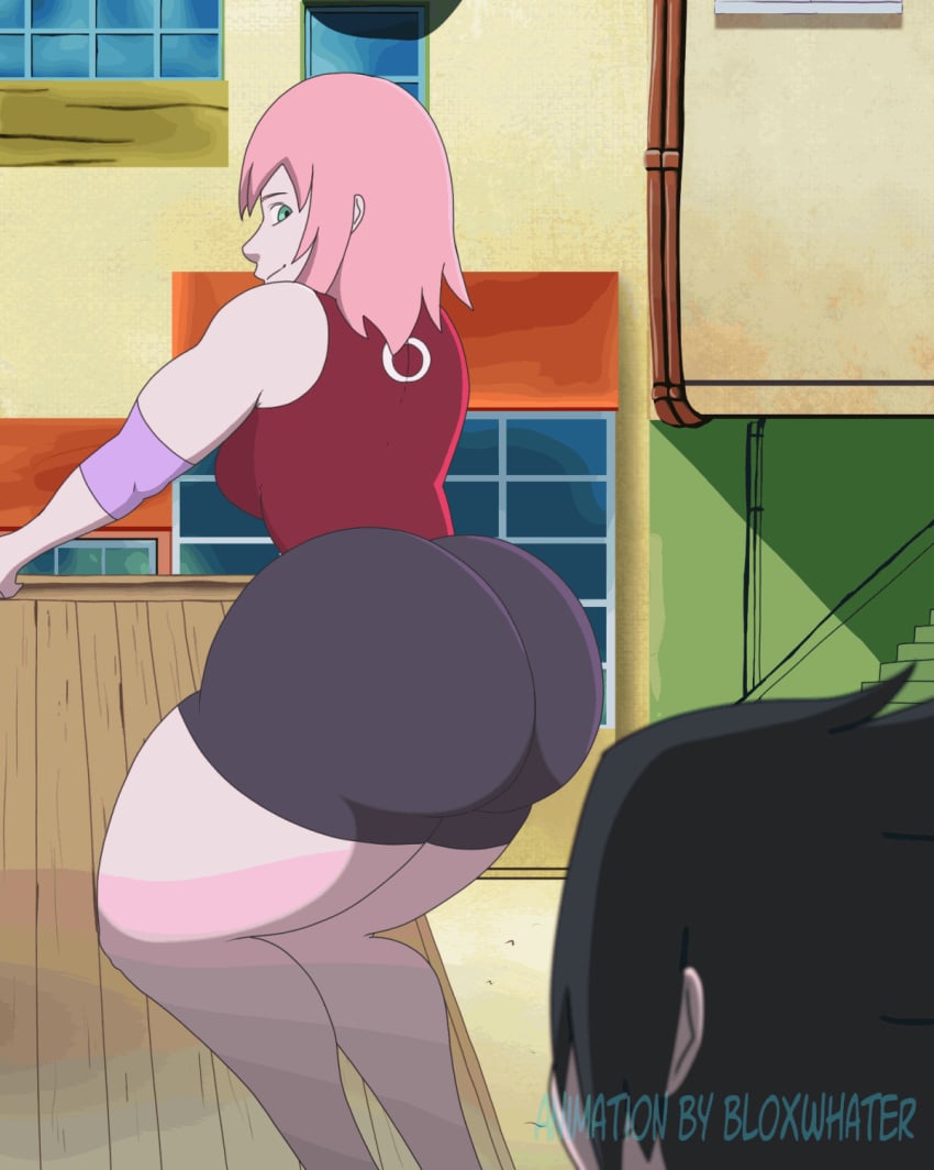 1boy 1girls animated animated_gif big_ass black_tights bloxwhater bouncing_ass clothed clothing curvaceous female female_focus gif green_eyes hips huge_ass human light-skinned light-skinned_female low_quality male naruto naruto_(series) naruto_shippuden pink_hair sakura_haruno sasuke_uchiha shaking_butt shounen_jump solo_focus thick_ass thick_thighs thighs twerking village