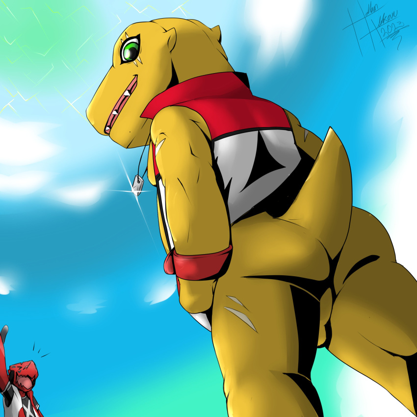 absurd_res agumon anthro ass axl_shoutmon backsack balls bandai_namco bottomless claws clothed clothing digimon digimon_(species) duo genitals green_eyes heibanhikaru hi_res looking_at_viewer low-angle_view male male_only red_body scalie scar shoutmon topwear vest yellow_body