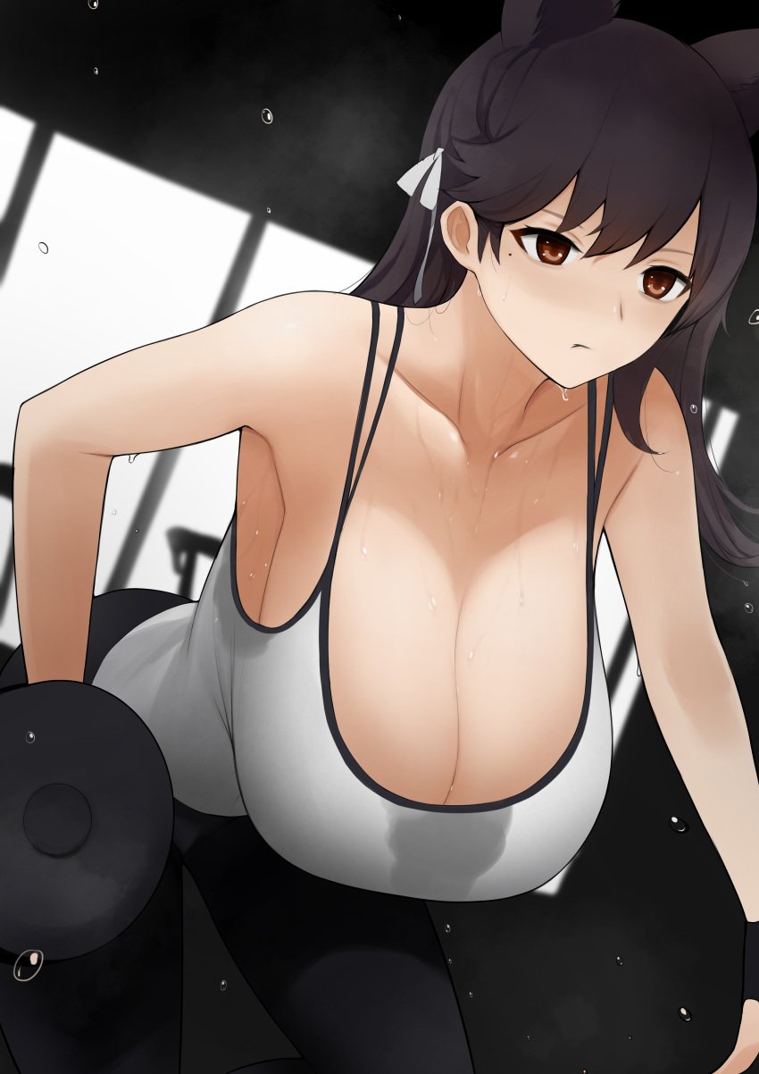 1girls alternate_costume amemuchizakuro animal_ears armpits atago_(azur_lane) azur_lane bangs bare_shoulders big_breasts black_hair breasts brown_eyes cleavage closed_mouth collarbone concentrating dumbbell exercise extra_ears female female_focus female_only flying_sweatdrops hair_ribbon hi_res high_resolution highres huge_breasts indoors large_breasts leaning light-skinned_female light_skin long_breasts long_hair looking_ahead mole mole_under_eye orange_eyes ribbon sitting solo solo_female solo_focus sports_bra sportswear stained_clothes sweat sweat_stain sweatdrop sweating sweaty sweaty_body sweaty_breasts sweaty_clothes tank_top training weightlifting weights white_ribbon white_tank_top window wrist_cuffs