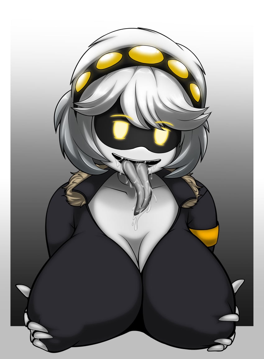 1girls alternate_version_available big_breasts blowjob breast_grab breasts female female_only grey_hair grey_skin high_resolution highres hires kasurnica looking_at_viewer murder_drones robot robot_girl robot_humanoid solo tagme tongue tongue_out v_(murder_drones) yellow_eyes