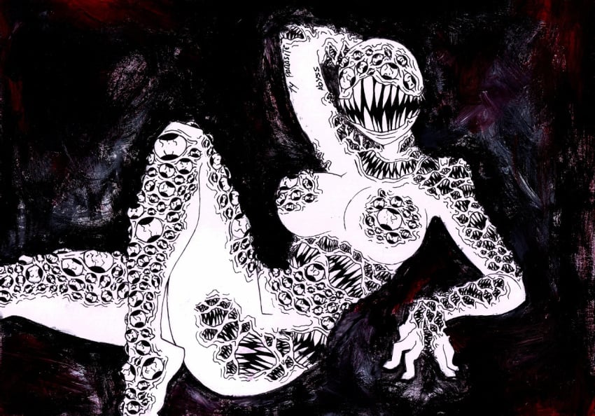 2014 anthro duo eyeless fangs female holes_in_body humanoid monochrome monster monster_girl monster_girl_(genre) mouth_on_chest nightmare_waifu parasitedeath parasiteterror pose tagme traditional_media_(artwork) trypophobia