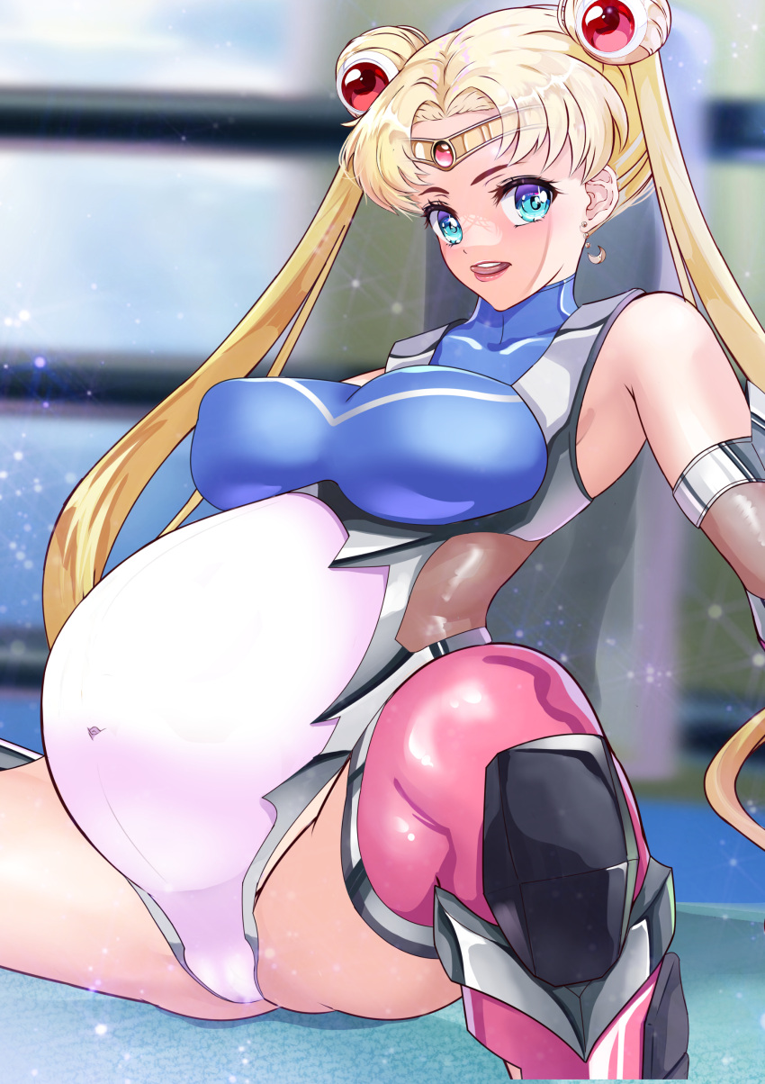 1girls arion_canvas big_breasts bishoujo_senshi_sailor_moon blonde_hair blue_eyes cameltoe circlet clothing earrings female female_only leotard licking_own_lips medium_breasts pregnant sailor_moon solo twintails usagi_tsukino