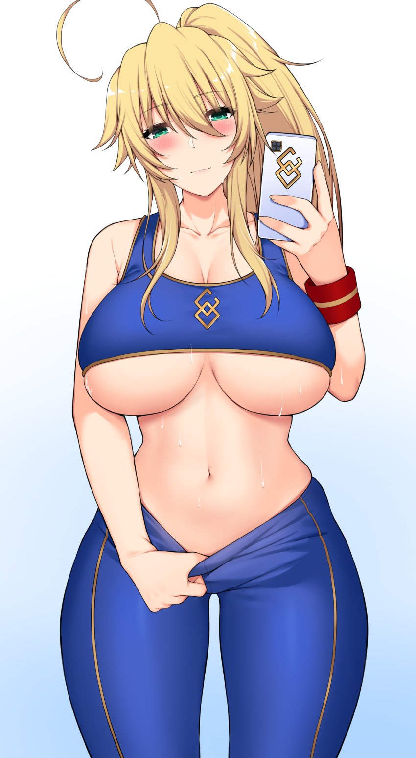 1girls artoria_pendragon_(lancer) big_breasts big_thighs blonde_hair blush breasts busty cellphone fate/grand_order fate_(series) female female_only huge_breasts huge_thighs large_breasts large_thighs navel nekosama_shugyouchuu phone ponytail selfie thick_thighs thighs turquoise_eyes underboob voluptuous