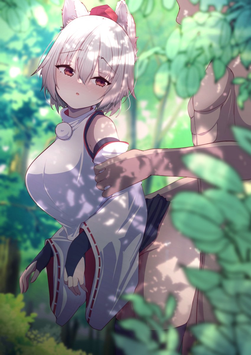 1boy absurdres animal_ears arm_grab blush censored darumoon female forest fox_ears fox_girl highres inubashiri_momiji momiji_inubashiri mosaic_censoring nature stealth_sex touhou white_hair