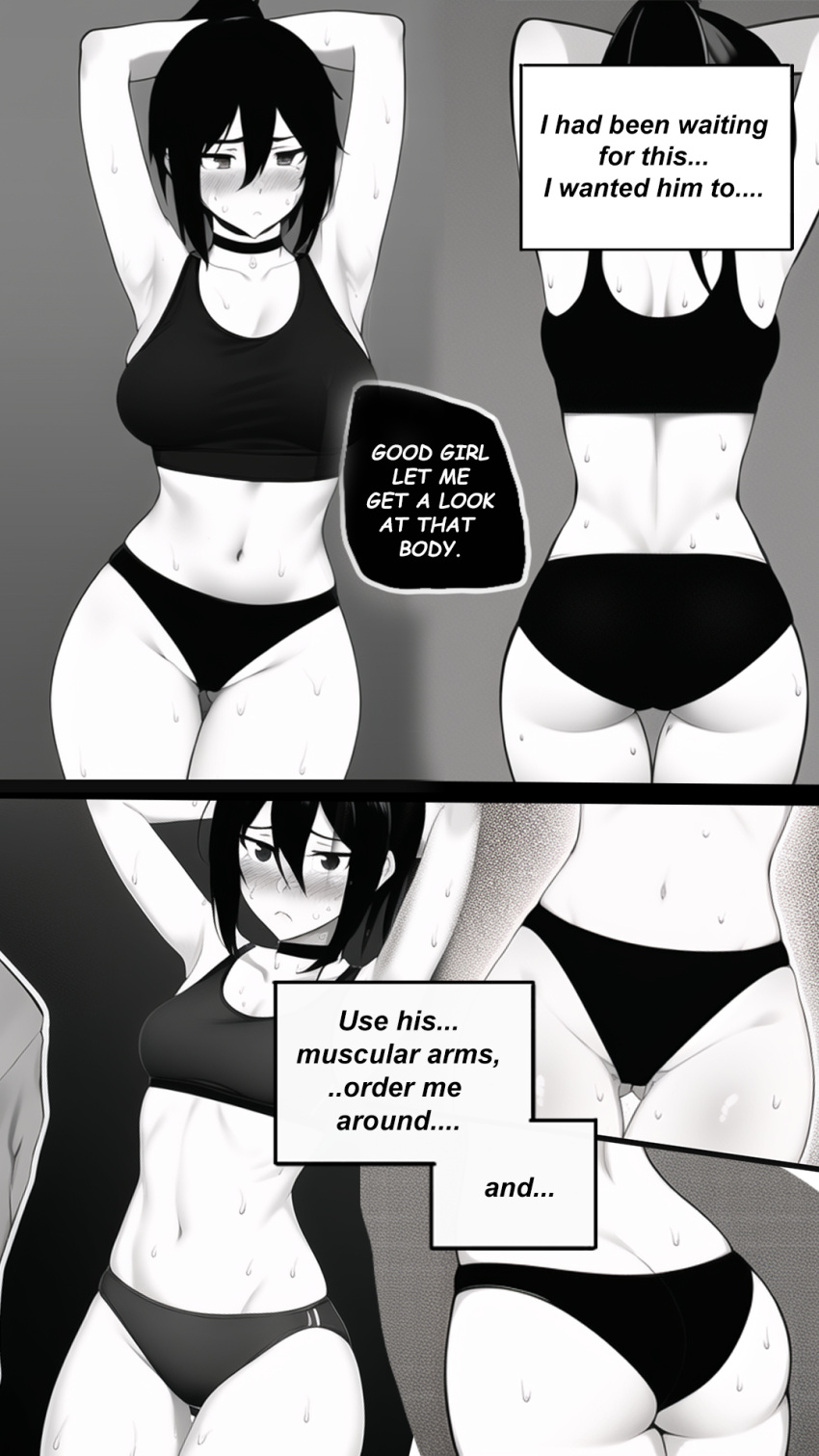 1girls ai_generated armpits arms_up ass ass_cleavage black_hair blush breasts butt_crack choker comic edit english_text female from_behind gym inusanjp midriff monochrome nai_diffusion navel original original_character panties sports_bra sportswear stable_diffusion story straight sweat text_bubble underwear