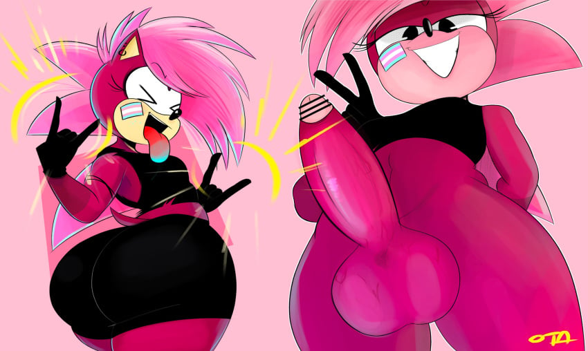 anthro ass big_butt big_penis breasts clothed clothing devil_horns_(gesture) eulipotyphlan female futanari genitals gesture gynomorph hair hedgehog hi_res intersex lgbt_pride mammal multicolored_tongue ota_(artist) penis pink_body pride_colors sega small_breasts solo sonia_the_hedgehog sonic_(series) sonic_the_hedgehog_(series) sonic_underground spiky_hair tongue trans_woman transfem transgender_pride_colors v_sign