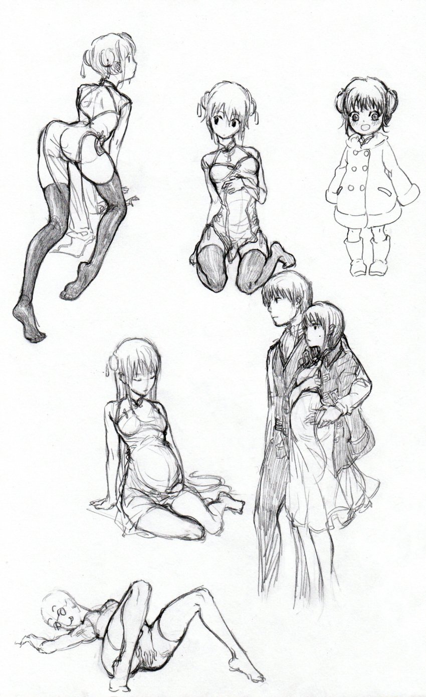 1boy 1girls aged_down aged_up all_fours bun_cover china_dress chinese_clothes double_bun female full_body gintama kagura_(gintama) male monochrome multiple_scenes okita_sougo oklaomei pelvic_curtain pregnant side_slit sketch sketch_page thighhighs