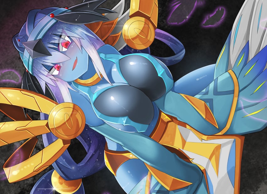 big_breasts blue_body blue_hair blush breasts duel_monster fangs female konami looking_at_viewer lyrilusc lyrilusc_ensemblue_robin red_eyes wings yu-gi-oh!