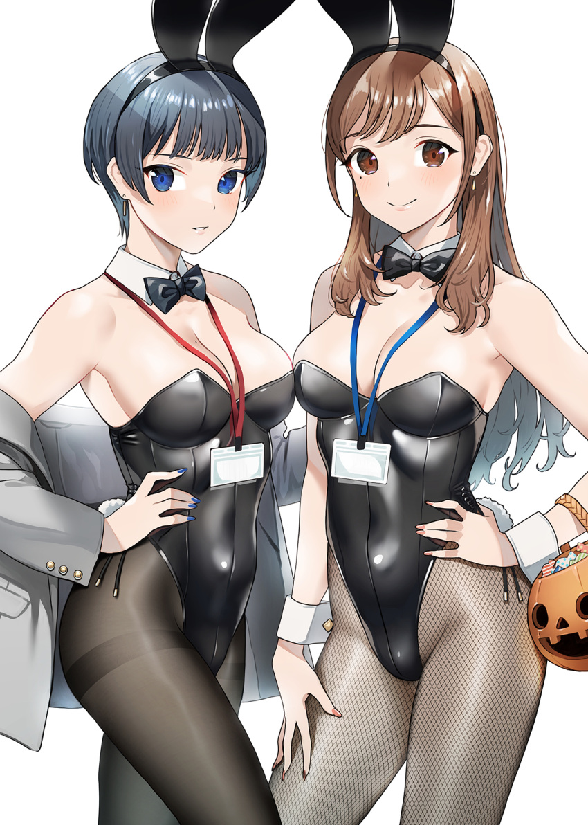 2girls animal_ears bangs bare_shoulders big_breasts black_bow black_leotard blue_eyes blue_nails bow bowtie breasts brown_eyes brown_hair bunny_ears bunny_girl bunnysuit busty candy cleavage clothed clothed_female commentary_request detached_collar doushimasho earrings fake_animal_ears fake_tail female female_only fingernails fishnet_pantyhose fishnets food grey_jacket halloween_bucket hand_on_hip highres human id_card jacket jewelry large_breasts leotard light-skinned_female light_skin long_hair looking_at_viewer medium_breasts mole mole_under_eye multiple_girls nail_polish off_shoulder original pantyhose parted_lips playboy_bunny pose rabbit_ears rabbit_tail red_nails short_hair simple_background smile solid_color_background strapless strapless_leotard tail teeth thighband_pantyhose very_short_hair white_background white_wrist_cuffs wrist_cuffs