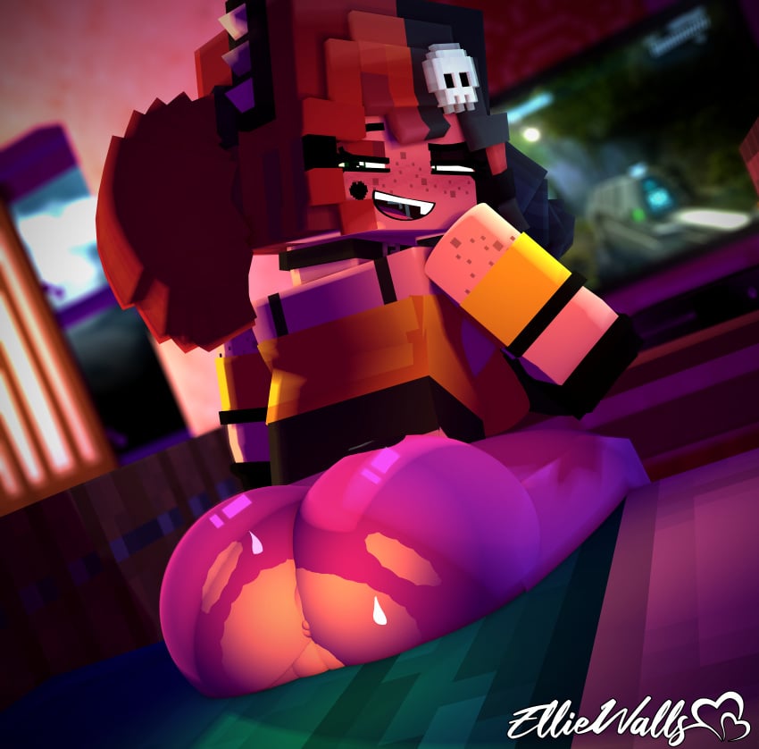 1girls 3d anus ass bed bedroom big_ass bubble_butt choker clothing dat_ass ellie_walls_(odysseyellie) face_tattoo fat_ass female female_only freckles gaming goth goth_girl green_eyes halo_(series) heart_tattoo huge_ass indoors large_ass looking_at_viewer looking_back mine-imator minecraft no_panties odysseyellie open_mouth pants pussy sitting skull_hair_ornament smile solo spandex spandex_pants spiked_hairband sweat sweatdrop tattoo television thick_ass thick_thighs torn_clothes torn_clothing two_tone_hair video_games wide_hips window