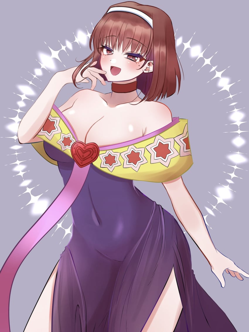 1girls artist_request big_breasts breasts brown_eyes brown_hair busty cleavage clothing covered_navel dress female female_only hi_res kanzaki_sumire large_breasts legs looking_at_viewer mole mole_under_eye open_mouth sakura_wars sega short_hair sleeveless smile solo thighs