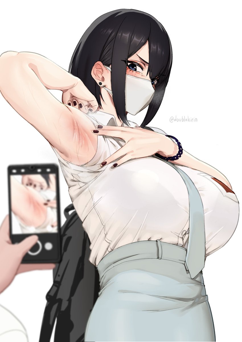 1girls arm_up armpit armpit_crease armpit_fetish armpit_focus armpit_spread armpits big_breasts black_hair black_nail_polish black_nails blue_eyes blush blushing bracelet breasts busty clothed dark_hair earring earrings face_mask female female_only fully_clothed huge_breasts kirinkirin large_breasts mask masked masked_female painted_nails piercing sexy_armpits spreading_armpit sweat sweating sweaty sweaty_armpits taking_photo taking_picture tie