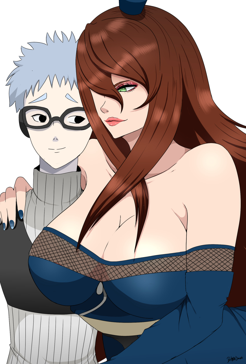 1boy1girl age_difference auburn_hair big_breasts blue_hair breasts busty chojuro choujuurou glasses height_difference impuredoncelle larger_female lipstick long_hair looking_at_breasts looking_at_partner makeup male/female mei_terumi naked naruto naruto_(series) naruto_shippuden older_female size_difference skinny skinny_male smaller_male standing terumi_mei upper_body voluptuous wide_hips younger_male