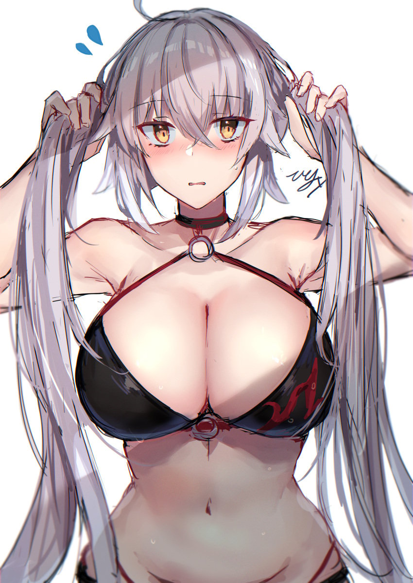 1girls adjusting_hair alternate_hairstyle big_breasts bikini black_bikini black_choker breasts bunching_hair busty choker cleavage clothed clothed_female fate/grand_order fate_(series) female female_only grey_hair highres hitomin_(ksws7544) human jeanne_alter jeanne_alter_(swimsuit_berserker) jeanne_d'arc_(alter_swimsuit_berserker)_(fate) jeanne_d'arc_(fate) jeanne_d'arc_alter_(fate) jeanne_d'arc_alter_(swimsuit_berserker)_(fate) large_breasts light-skinned_female light_skin long_hair looking_at_viewer navel o-ring o-ring_bikini solid_color_background solo standing sweatdrop swimsuit twintails voluptuous watermark white_background yellow_eyes