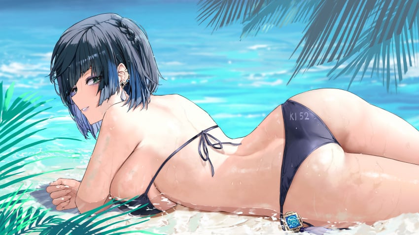 absurd_res ass back beach bikini black_hair blue_hair bob_cut breasts earrings genshin_impact green_eyes highres ki-16 large_breasts looking_at_viewer looking_back lying lying_on_stomach multicolored_hair ocean short_hair sideboob smile solo swimsuit thighs vision_(genshin_impact) water wet wet_skin yelan_(genshin_impact)