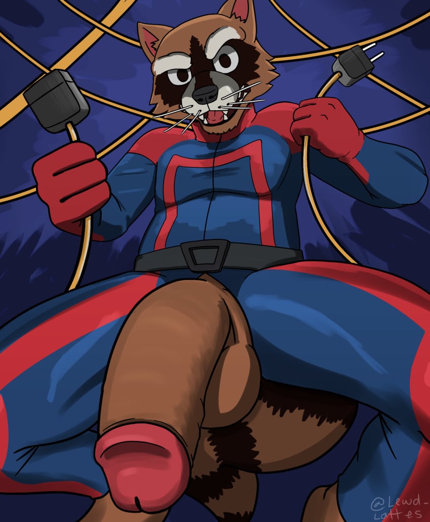 anthro belt clothing confusion cords crouching flaccid genitals guardians_of_the_galaxy hi_res lewd_latte male male_only mammal marvel penis plug procyonid raccoon rocket_raccoon solo suit whiskers wire