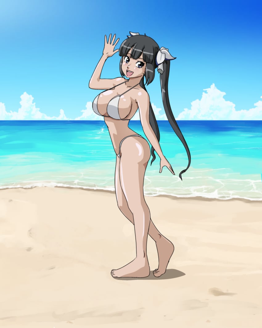 1girls beach big_breasts bikini black_hair blue_eyes breasts busty cleavage dungeon_ni_deai_wo_motomeru_no_wa_machigatteiru_darou_ka feet female female_only hestia_(danmachi) highres large_breasts legs lipstick long_hair looking_at_viewer makeup ocean open_mouth pink_lips pink_lipstick sideboob smile solo swimsuit thighs twintails voluptuous walking water wbd white_bikini