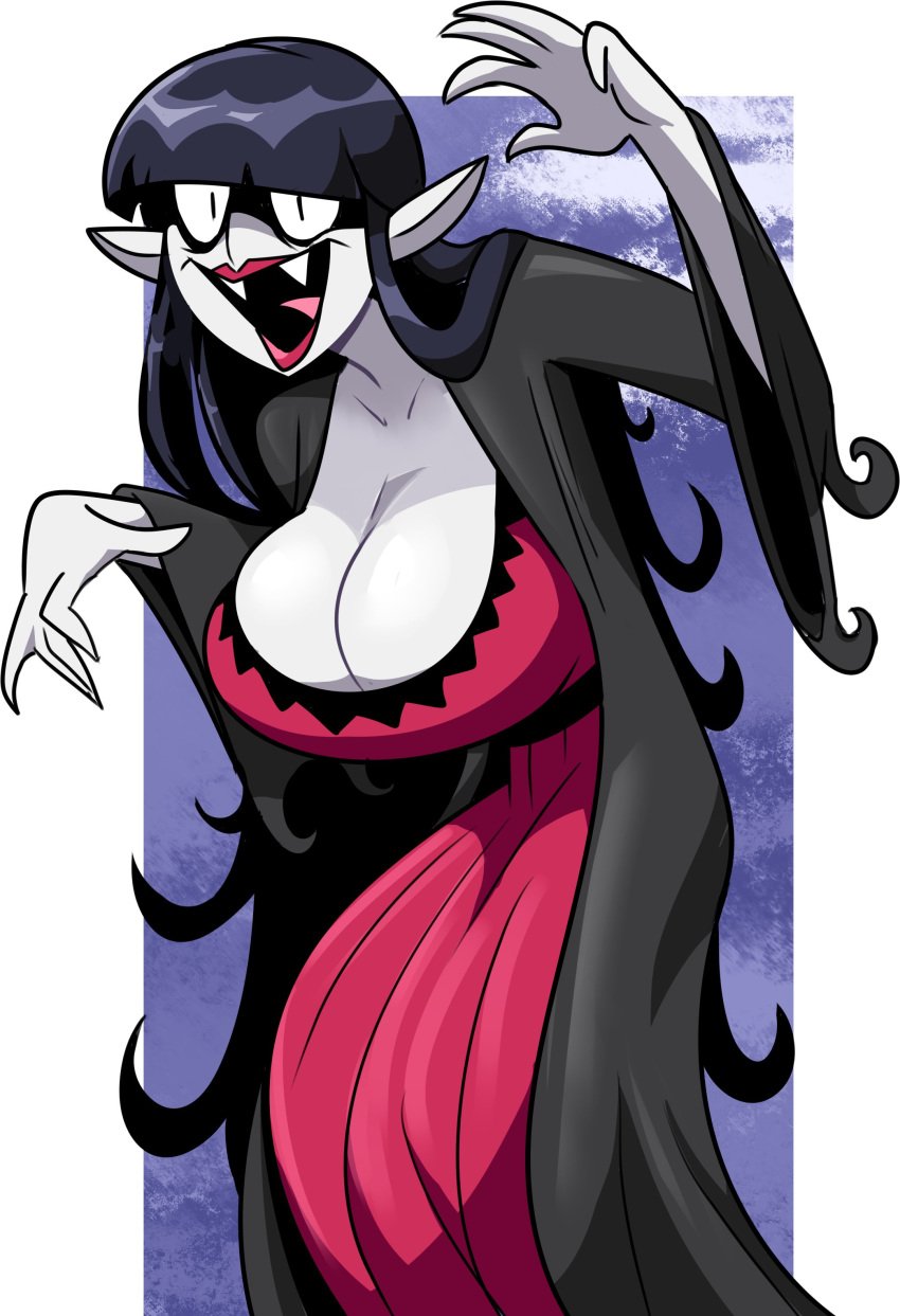 cleavage countess_ruby fangs halloween long_hair pale_skin pointy_ears red_dress red_lipstick scary_godmother_(series) superspoe tongue_out vampire