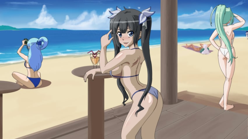 3girls aqua_(konosuba) arm_support ass backboob beach big_breasts bikini black_hair blue_eyes blue_hair blush breasts busty drink dungeon_ni_deai_wo_motomeru_no_wa_machigatteiru_darou_ka feet female female_only from_side goddess green_hair green_heart hand_on_hip hestia_(danmachi) hi_res kono_subarashii_sekai_ni_shukufuku_wo! large_breasts legs long_hair looking_at_viewer multiple_girls neptunia_(series) ocean ponytail sideboob sitting smile solo_focus swimsuit thighs twintails water wbd white_bikini