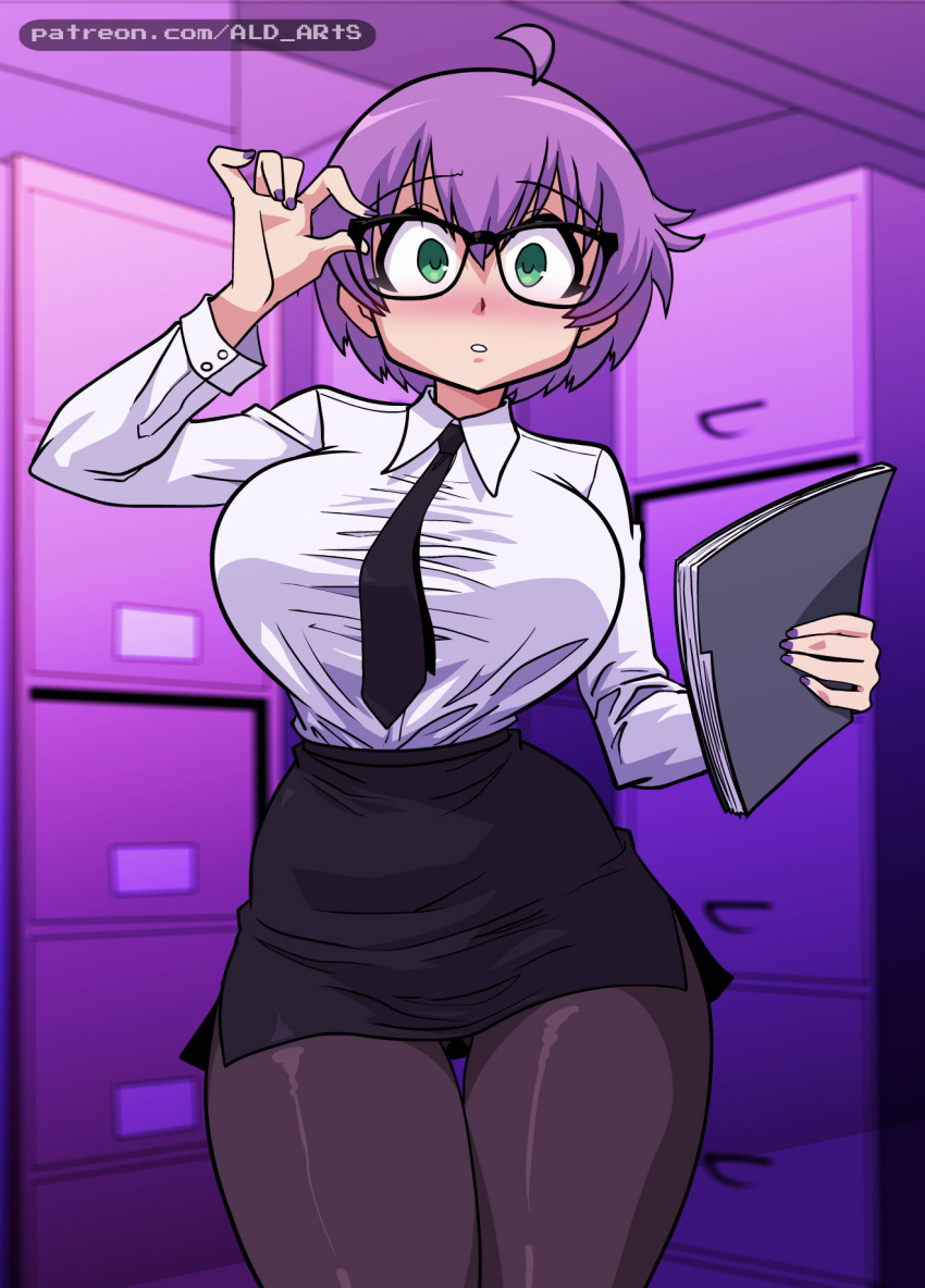 1girls ald_arts big_breasts blush breasts busty female female_only glasses green_eyes highres large_breasts legs looking_at_viewer necktie office_lady open_mouth purple_hair short_hair skirt solo thick_thighs thighs yukino_akaihi