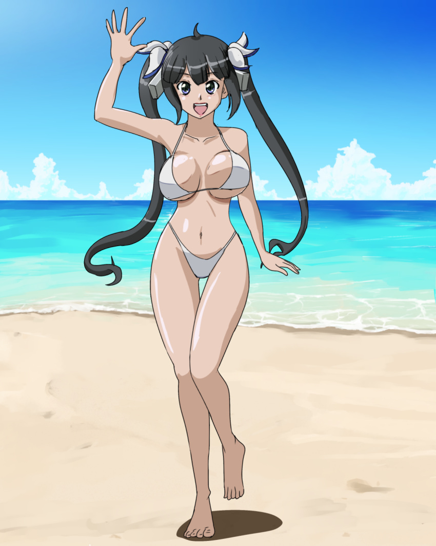 1girls beach big_breasts bikini black_hair blue_eyes breasts busty cleavage dungeon_ni_deai_wo_motomeru_no_wa_machigatteiru_darou_ka feet female female_only hestia_(danmachi) highres large_breasts legs lipstick long_hair looking_at_viewer makeup navel ocean open_mouth pink_lips smile solo swimsuit thighs twintails walking water wbd white_bikini