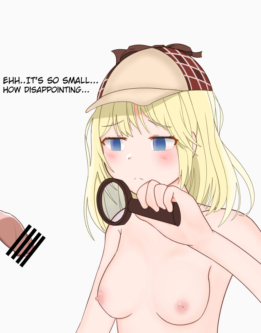 1boy 1girls bar_censor blonde_hair blue_eyes breasts censored censored_penis detective_hat dialogue english_text eyebrows_visible_through_hair female hat hololive hololive_english hololive_myth human kiri_yukino light-skinned_female light_skin magnifying_glass medium_hair nipples nude nude_female penis small_breasts small_penis small_penis_humiliation solid_color_background text virtual_youtuber watson_amelia white_background