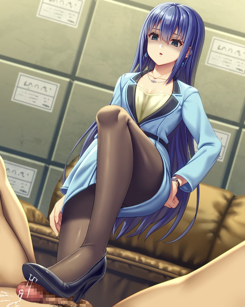 1boy asisuki bangs black_pantyhose blue_eyes blue_footwear blue_hair blue_jacket blue_skirt breasts business_suit censored clothed_female_nude_male collarbone commentary couch cum cum_on_shoe disgust earrings engage_kiss female footjob formal full_body hand_on_hip high_heels highres jacket jewelry long_hair long_sleeves looking_at_another looking_down mosaic_censoring necklace nude ogata_shuu open_mouth pantyhose pencil_skirt penis shaded_face shirt shoejob simple_background skirt small_penis standing standing_on_one_leg standing_on_person straight suit thighs watch wristwatch yellow_shirt yuugiri_ayano