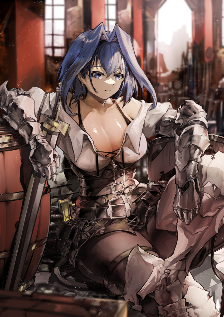 armor blue_eyes blue_hair boots female gauntlets hololive hololive_english hololive_english_-council- hololive_english_-promise- jewelry medieval ouro_kronii shield short_hair sitting solo sword virtual_youtuber vyragami weapon