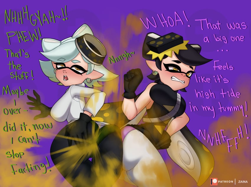 2girls ass_to_ass big_ass big_butt black_gloves black_hair black_leggings callie_(splatoon) clenched_teeth english_text fart fart_cloud fart_fetish farting female female_only gloves grabbing_own_ass green_panties inkling leggings looking_back marie_(splatoon) multicolored_hair multiple_girls nintendo open_mouth panties pink_panties purple_background repost sisters splatoon splatoon_(series) squid_sisters tentacle_hair text thick_thighs unusual_pupils white_hair white_leggings yellow_eyes yellow_hair zaina_art99