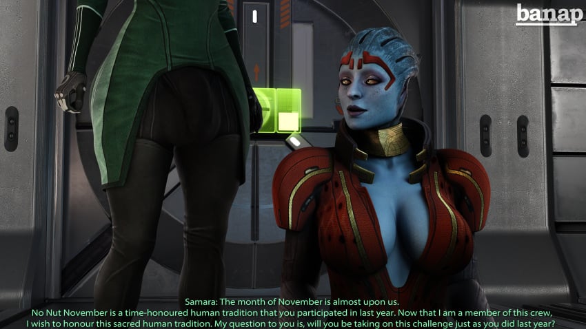 2futas 3d alien_girl asari banap blender blender_(software) blue_skin breasts bulge comic english_text futa_only futanari liara_t'soni mass_effect no_nut_november samara sci-fi science_fiction self_upload tagme text