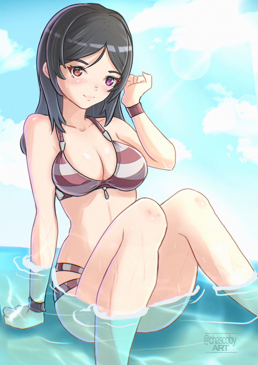 1girls bikini black_hair blush breasts brown_eyes chascoby cleavage female female_focus female_only happy heterochromia hope_(xenoblade) in_water knees_together knees_together_feet_apart knees_up light-skinned_female light_skin looking_at_viewer nintendo purple_eyes sitting_down sitting_in_water smile smiling striped_bikini touching_hair water wet_skin xenoblade_(series) xenoblade_chronicles_(series) xenoblade_chronicles_x