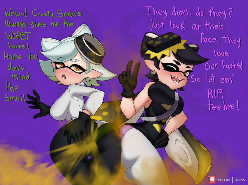 2girls ass_to_ass big_ass big_butt black_gloves black_hair black_leggings callie_(splatoon) english_text fangs fart fart_cloud fart_fetish farting female female_only gloves grabbing_own_ass green_panties inkling leggings looking_at_viewer looking_back looking_back_at_viewer marie_(splatoon) multicolored_hair multiple_girls nintendo one_eye_closed open_mouth panties peace_sign pink_panties purple_background repost sisters smile splatoon splatoon_(series) squid_sisters tentacle_hair text thick_thighs unusual_pupils white_hair white_leggings yellow_eyes yellow_hair zaina_art99