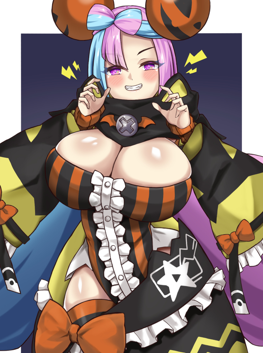 1girls alternate_body_type alternate_breast_size blue_hair breasts cleavage female game_freak grin hair_ornament halloween hips hizakake huge_breasts iono_(pokemon) long_sleeves nintendo pink_hair pointy_teeth pokemon pokemon_sv smile two_tone_hair wide_hips