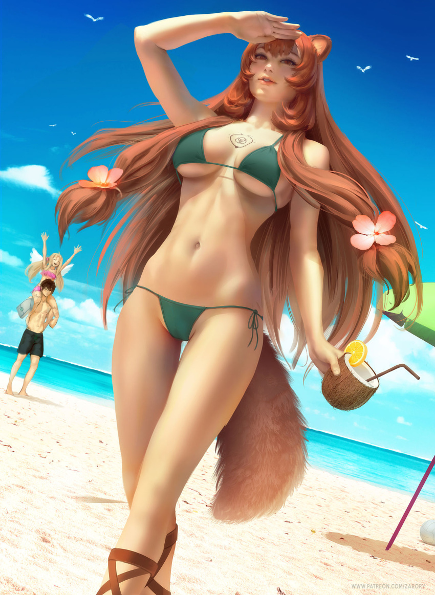 1boy 2girls big_breasts bikini boobs brown_eyes brown_hair casual female filo filoflower_in_hair footwear highres iwatani_naofumi large_breasts long_hair naked nipples public raphtalia shaved_pussy slave tate_no_yuusha_no_nariagari thong thong_bikini underboob zarory