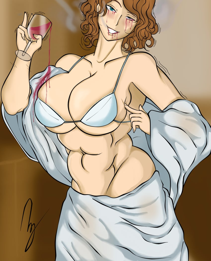 ap0liac artificial_intelligence curly_hair large_breasts looking_at_viewer malfunction overheated overheating robot robot_girl robot_humanoid smiling unsettling venus_body wine_glass wine_on_breasts