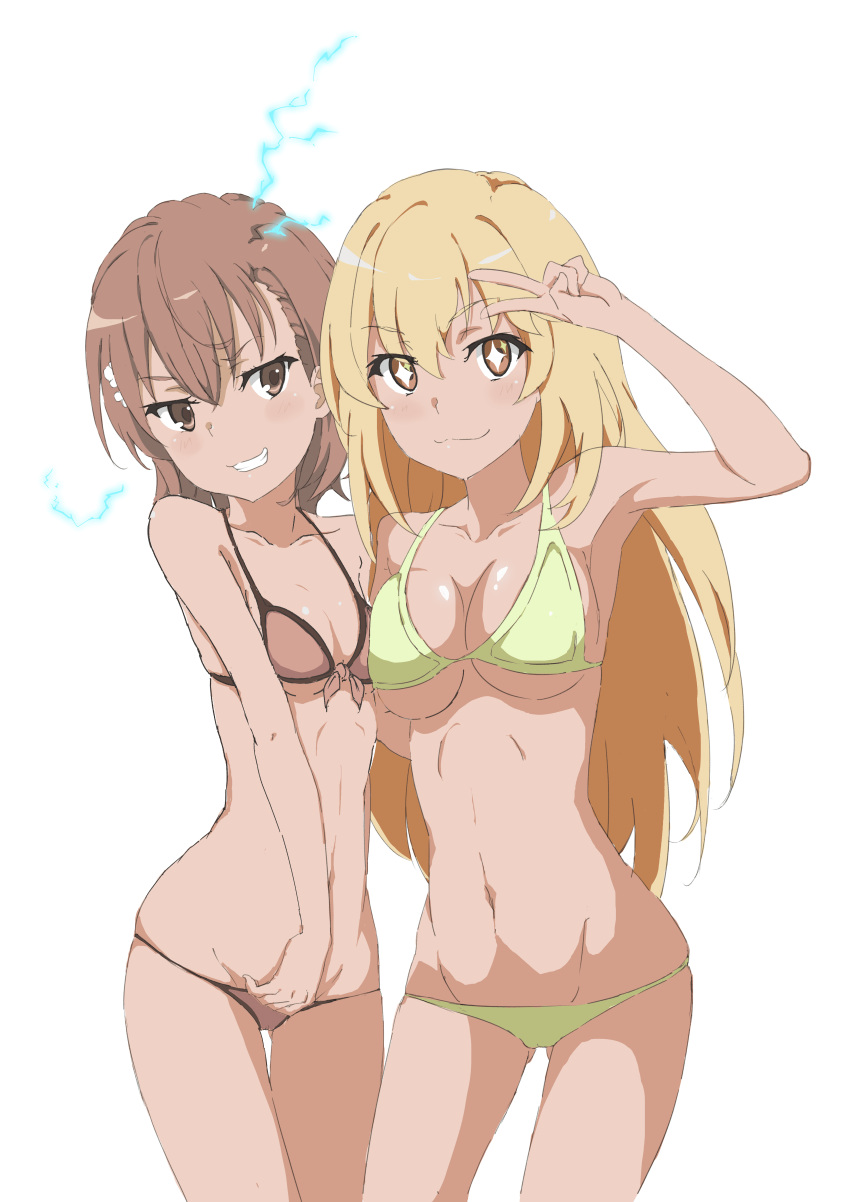 2020 2020s 2girls :3 absurd_res arm_up armpits ass_visible_through_thighs bare_shoulders bare_thighs bikini biribiri blonde_hair blush breast_press breasts brown_eyes brown_hair cleavage clothed clothed_female collarbone electricity electrokinesis female female_only futatsue gluteal_fold hair_flower hair_ornament hi_res light-skinned_female light_skin long_hair looking_at_another looking_at_viewer matching_hair/eyes medium_breasts midriff misaka_mikoto navel shokuhou_misaki short_hair small_breasts smile solid_color_background standing swimsuit teenage_girl teenager thighs to_aru_kagaku_no_railgun to_aru_majutsu_no_index unusual_pupils v white_background yellow_eyes young