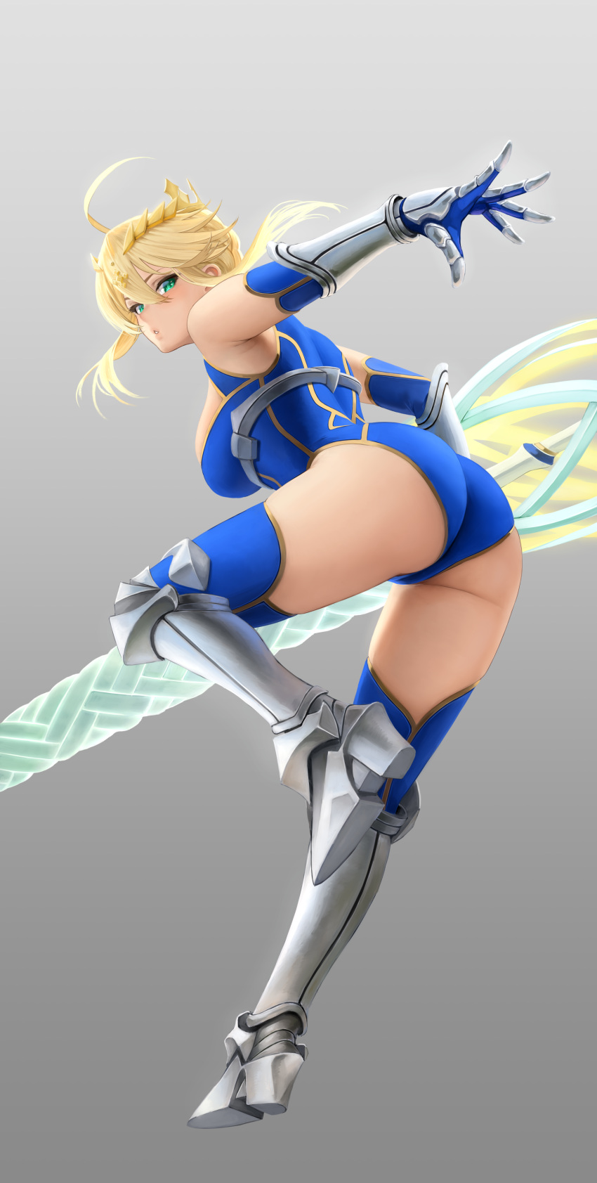 1girls ahoge armor armored_boots arms_up artoria_pendragon artoria_pendragon_(lancer) ass big_ass big_breasts blonde_female blonde_hair blue_leotard blush blushing_at_viewer boots braid braided_bun breasts crown curvy curvy_body curvy_female curvy_figure dat_ass fat_ass fate/grand_order fate_(series) female female_focus female_only floating_hair from_behind full_body gauntlets green_eyes grey_background hair_between_eyes hair_bun hi_res high_resolution highleg highleg_leotard highres holding holding_object holding_polearm holding_weapon huge_breasts lance large_breasts legs leotard light-skinned_female light_skin looking_at_viewer looking_back open_mouth parted_lips polearm simple_background skin_tight sleeveless sleeveless_turtleneck sleeveless_turtleneck_leotard solo solo_female solo_focus thick_ass thigh_boots thighhighs thighs tiara turtleneck turtleneck_leotard vambraces weapon yamaneko_(tkdrumsco)